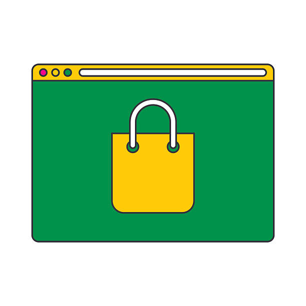 Vector illustration of a retro style web browser with a shopping bag icon symbol on it.