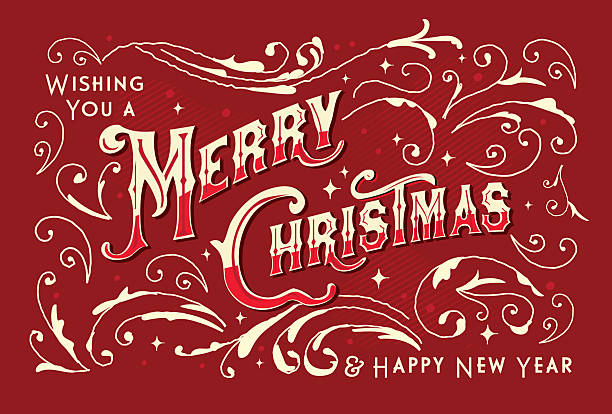 Vector illustration of a Vintage style Postcard Hand lettered Merry Christmas Season Greeting card design template with branches berries and florals on red background. All fonts outlined or expanded. Download includes vector eps and high resolution jpg.