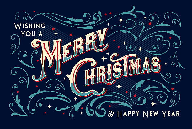 Vector illustration of a Vintage style Postcard Hand lettered Merry Christmas Season Greeting card design template with branches berries and florals on dark blue background. All fonts outlined or expanded. Download includes vector eps and high resolution jpg.