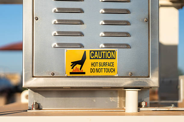 Hot surface safety caution sign label on the electrical junction box, information to identify hazard in workplace. Industrial working sign, close-up and selective focus.