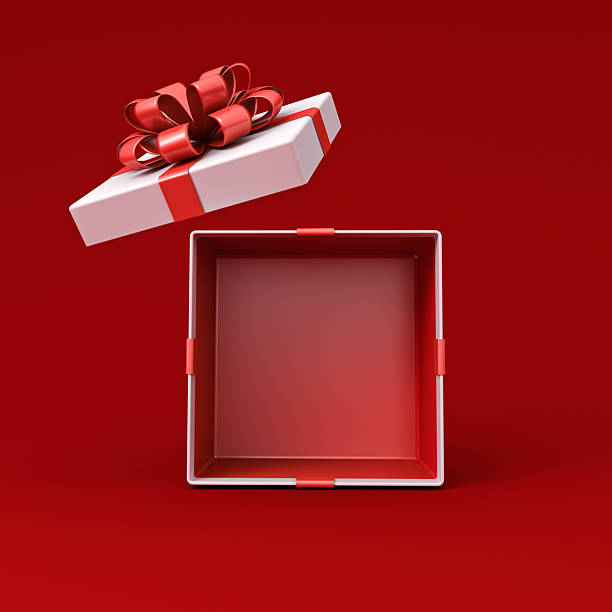 istock Blank white gift box mockup exhibition booth stand open or opened present box tied with red ribbon bow isolated on dark red background with shadow minimal creative idea conceptual 3D rendering 2249875109