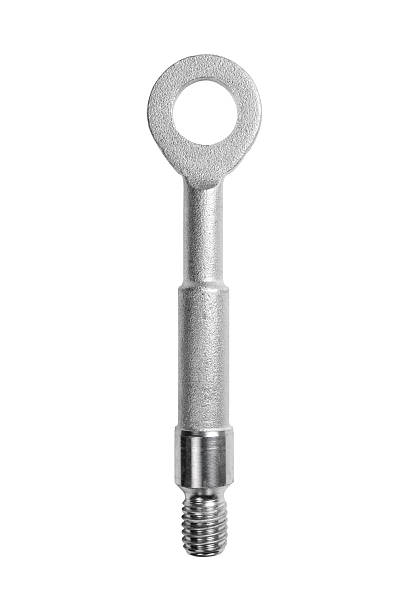 Car tow hook (towing eye) made of silver metal alloy, isolated on white background.  Essential equipment for automotive recovery and roadside assistance.