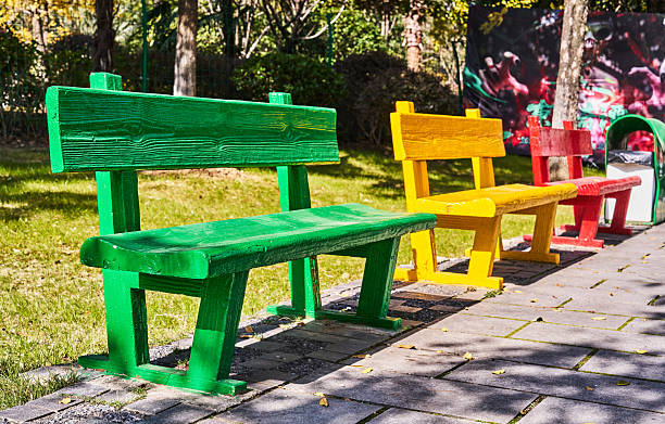 Colorful Park Benches Lined Up