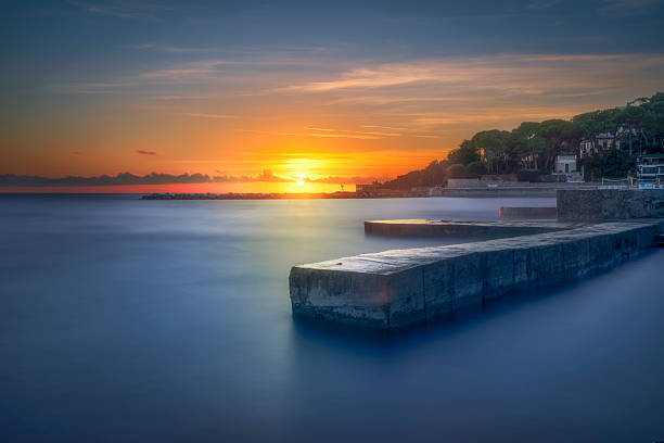 Long Exposure Sunset over Concrete Pier in Castiglioncello