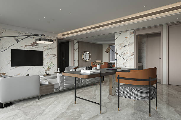 istock Luxury Modern Dining Room Interior with Houndstooth Chairs, Round Black Table, and Marble Floor 2249891005