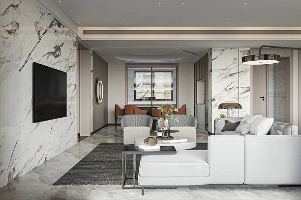 istock Luxury Open Plan Living Room with Marble Wall and Dining Area 2249891068