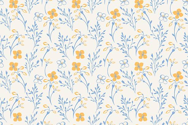 Seamless vector floral patten with delicate hand drawn flowers and leaves in soft pastel colors. Elegant botanical design with light blue and orange elements on a neutral background