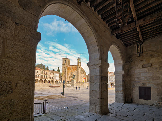 Trujillo, Cáceres, Spain, November 30, 2025: Main Square of Trujillo. The square, in Renaissance style and with arcades, has been the main nucleus and meeting center of the inhabitants of Trujillo throughout history.