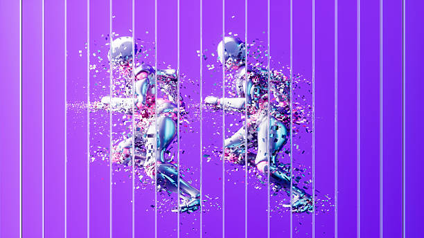 Muscular man, runner in yellow and blue in motion, running against white background with dynamic, colorful abstract element behind him. Pixel stretch effect. Concept of sport, competition. Collage