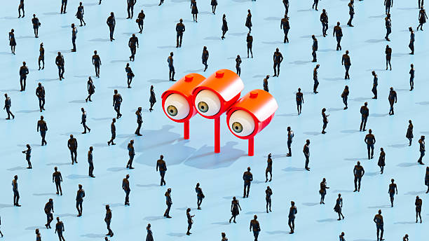 Security Cameras with Eyeballs and Business Crowd on Blue Background. Digitally generated image. 3d render.