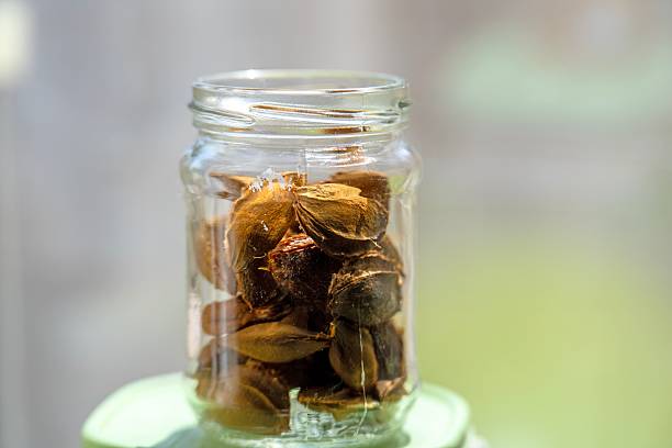 istock Small glass jar with threaded lid containing collected plum and peach fruit stones 2249897701
