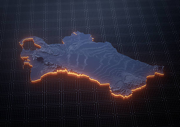 istock Stylized 3D map of Turkmenistan with dark blue terrain and glowing orange borders. Concept 3d Illustration 2249898355