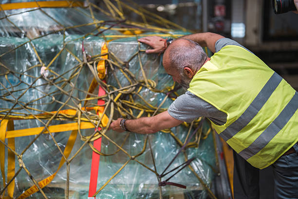istock Mid-Aged Worker In High-Visibility Vest Securing Wrapped Airport Cargo With Safety Straps 2249901835