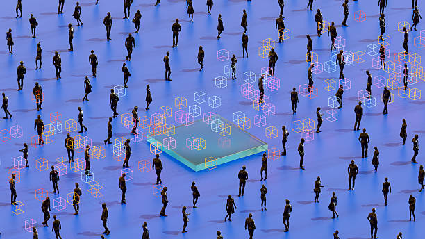 istock Glowing Data Cubes with Business Crowd on Blue Background 2249902766