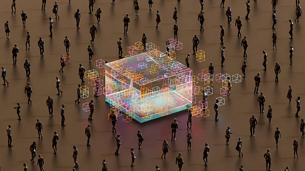 istock Glowing Data Cubes with Business Crowd on Black Background 2249902888