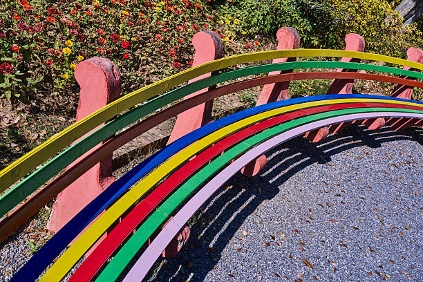 Multicoloured wooden Bench in a public park