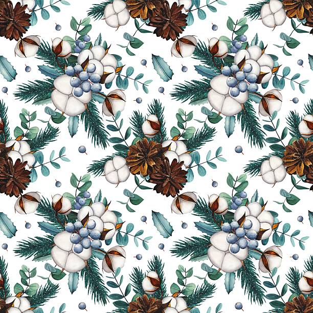 istock Hand drawn Christmas seamless pattern with cotton, blue berries, fir cones, eucalyptus. Watercolor illustration 2249905478