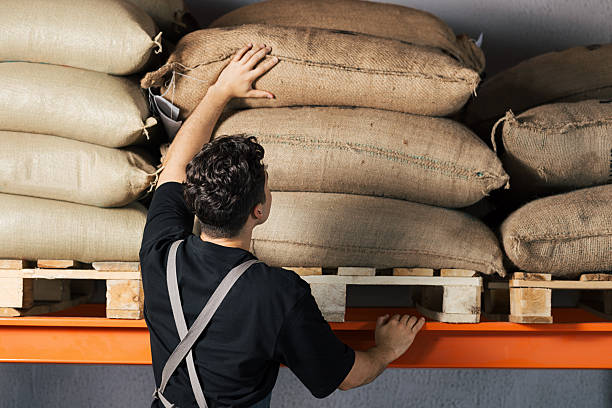 Rear view of a warehouse worker choosing a bag. Unrecognizable barista at warehouse looking for a proper bag with beans on the shelf.
