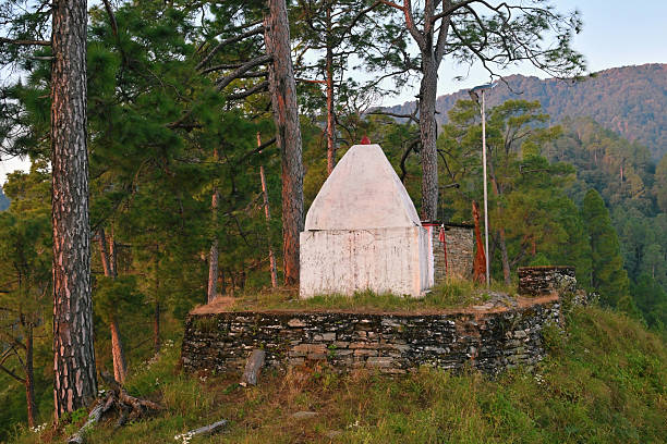 A serene hilltop temple made of white stone sits quietly amidst tall pine trees, bathed in the warm light of early morning or evening in Binsar Nature Reserve, located in the Kumaon region of India. This tranquil landscape captures the spiritual simplicity and natural beauty of rural mountain regions, making it ideal for themes related to travel, culture, spirituality, meditation, and scenic nature environments.