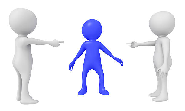 Computer generated 3D illustration with two 3D figures pointing with their fingers at another 3D figure isolated on white background