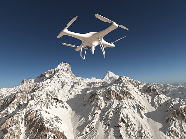 Computer generated 3D illustration with a drone in a landscape with snowcapped mountains
