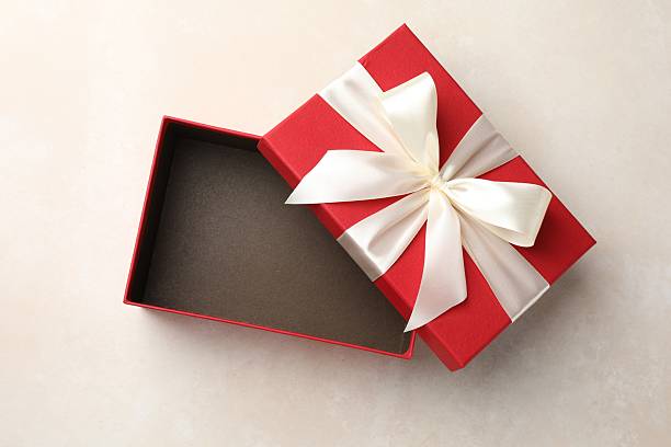 istock Open gift box with beautiful lid on light background, top view 2249924814