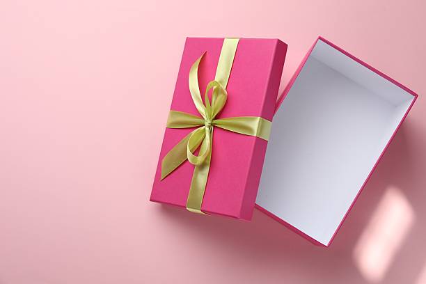 istock Open gift box with beautiful lid on pink background, top view. Space for text 2249924851