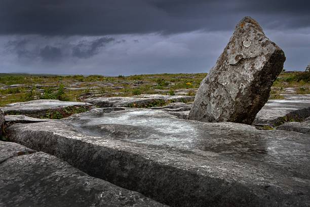 Karst landscapes are unique geological formations characterized by soluble rock types such as limestone, gypsum, and salt. These landscapes are shaped  dissolution and erosion. Grey clouds in remote landscape.