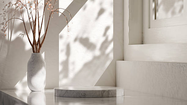 istock Marble podium and vase in bright interior horizontal 3D render 2249937201