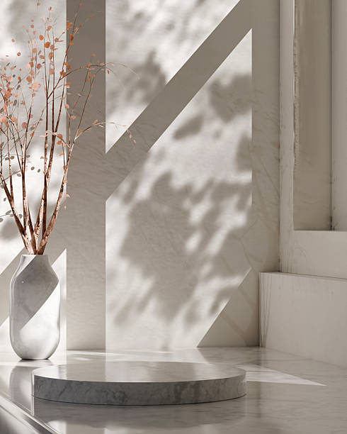 istock Marble podium and vase in bright interior vertical 3D render 2249937202