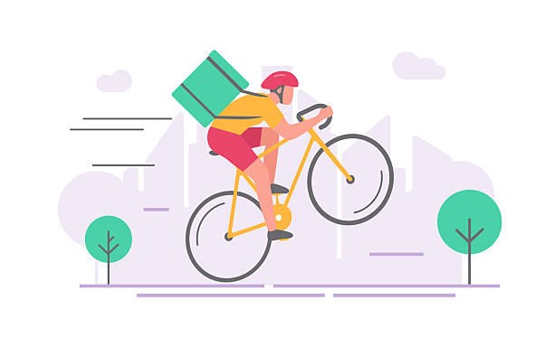 istock Cyclist courier delivery food icon modern vector design illustration, urban professional bicycle rider shipping order cargo backpack fast speed, person man messenger in bike making wheelie image 2249938721