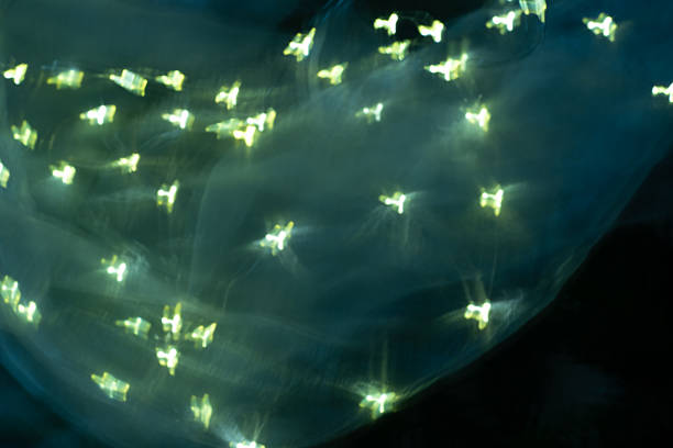 Blurred strings of lights on a light blue and magenta background.
