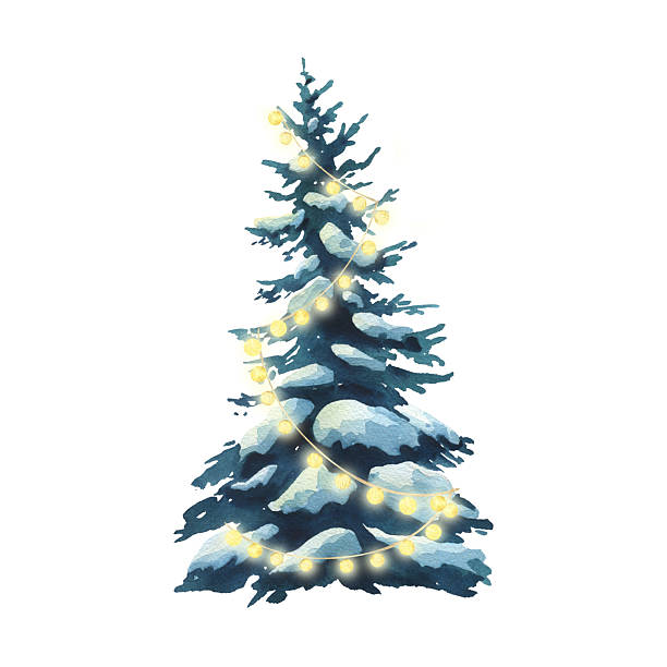 istock Evergreen Christmas tree with snow and yellow lights. Winter holiday hand drawn watercolor illustration for greeting card and seasonal design concept. 2249940743