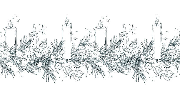 Seamless border pattern of pine branches with snowberries and candles. Floral garland. Graphic line art illustration hand-drawn with pen and ink in monochrome. Christmas, winter, New Year s decor.
