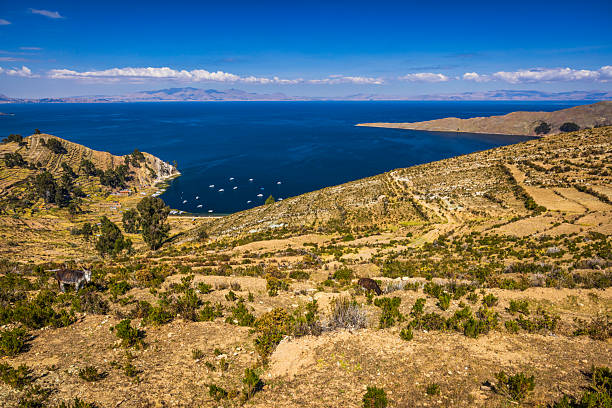View from Isla del Sol (Island Of The Sun), Lake Titicaca, Bolivia. Isla del Sol is an island in the southern part of Lake Titicaca. It is part of the modern Plurinational State of Bolivia. Titicaca is a highest navigable lake in the Andes on the border of Bolivia and Peru. Lake Titicaca  it is also the largest lake in South America.