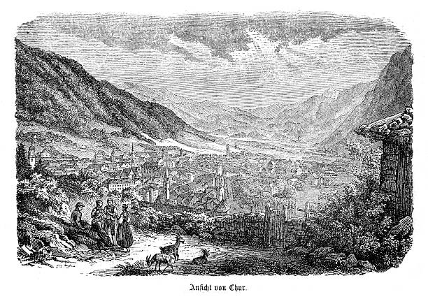 Historical 19th-century engraving depicting a comprehensive view of the oldest city in Switzerland, Chur, embedded in an alpine valley landscape