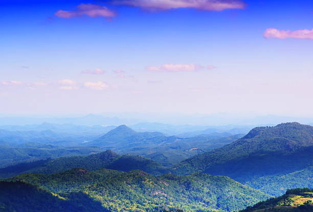 A view of mountains covered in lush forest and a clear blue sky.