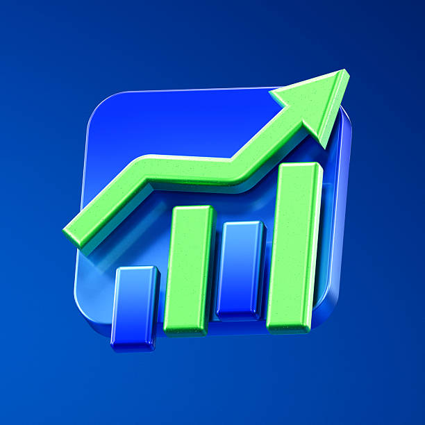 A glossy 3D bar chart with a rising green arrow on a blue background, symbolizing business growth, financial success, analytics, and positive economic performance in a modern style