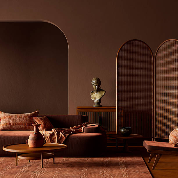Modern organic negative space interior featuring natural materials, crafted details, textured accents, and sculptural forms to create calm, balanced, and visually harmonious spatial clarity. 3D illustration