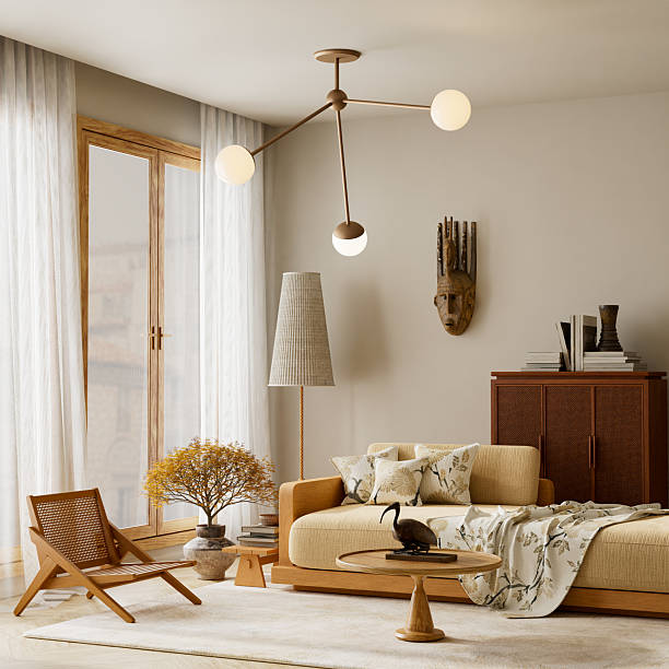istock Japandi living room interior with beige sofa, wooden textures, patterned cushions and soft natural light, cozy modern home design. 3D illustration 2249957811