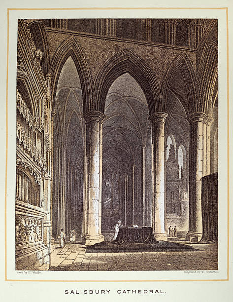 Salisbury Cathedral, Interior, Columns, History, Architecture, medieval cathedrals of England, Vintage illustration, 19th Century