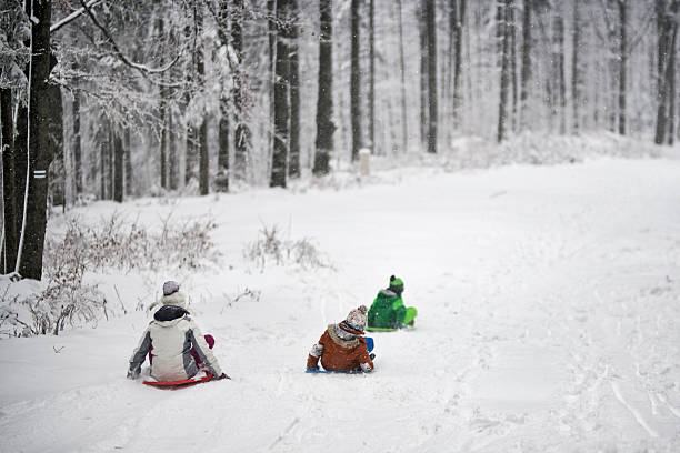 Three children ride sleds down a snow-covered forest slope, each dressed in winter gear and framed by tall, snow-laden trees. The scene captures the winter recreation in nature.Shot with Nikon D850