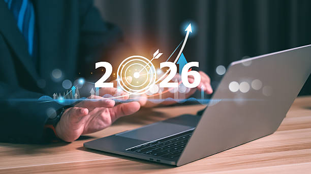 istock Businessman analyzing data on laptop with 2026 target board interface. Concept of global business goals, corporate strategy, financial investment growth, and new year development. 2249962460