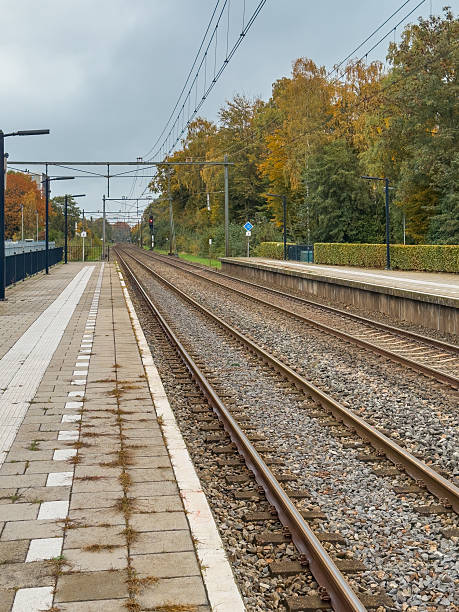 istock Dutch train station platform with tracks leading into a distance lined by autumn trees under a gray sky. 2249964851