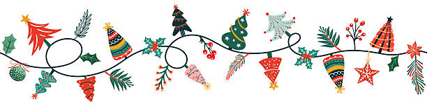 Seamless pattern border for Christmas and New Year festival with cute garland and Christmas tree in red and green color tones on a transparent background. vector art illustration