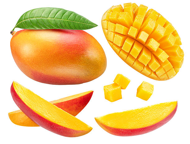 istock Set of mango fruit  and mango slices isolated on white background. Clipping paths. 2249967574