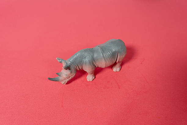 A close-up shot of a small plastic rhinoceros toy placed on a solid pink surface, highlighting the texture and details of the toy against a clean background.