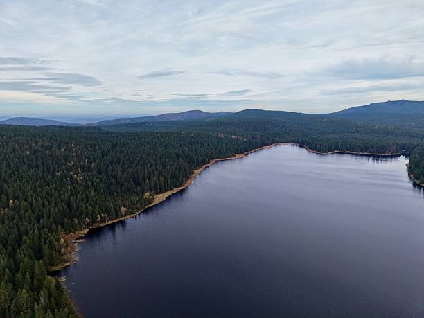 istock serene lakeside forest displaying seasonal colors and distant rolling hills under overcast sky 2249970417