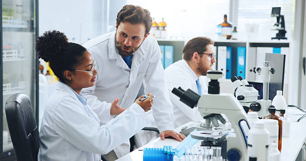 istock Pathology, science or people with results in lab, check virus sample or pointing for experiment evaluation. Medical, scientist or team with research report for disease, collaboration or vaccine trial 2249973193