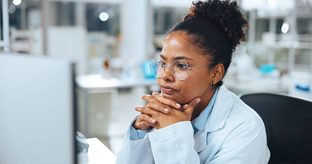 istock Ideas, woman and scientist in laboratory with research for medical study, discovery or solution. Thinking, problem solving and biologist with science project for healthcare innovation with analysis. 2249973253